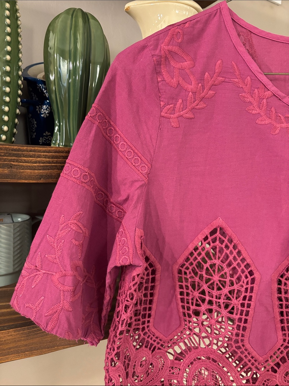 Anthropologie Chloe Oliver Pink Embroidered Crochet Lace Top S Modified Sleeve - Picture 3 of 9